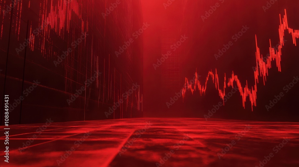 Poster abstract representation of financial market activity with dynamic red color scheme showcasing fluctu