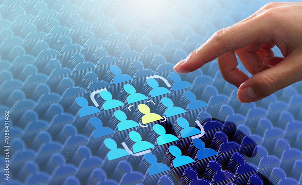 Poster target market or audience. marketing segmentation strategy and plan. marketer touching client icon.