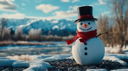 Fototapeta premium Snowman Wearing A Red Scarf And Black Top Hat In A Wooded Park With Snow Covered Mountains And Blue Sky In The Background; Anchorage, Alaska, United States Of America