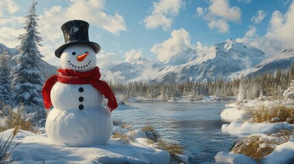Obraz premium Snowman Wearing A Red Scarf And Black Top Hat In A Wooded Park With Snow Covered Mountains And Blue Sky In The Background; Anchorage, Alaska, United States Of America