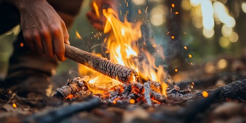 Man igniting a fire in the woods using friction techniques with a stick. This act of starting a fire showcases essential survival skills and crafts, featuring hands on methods and primitive tools.