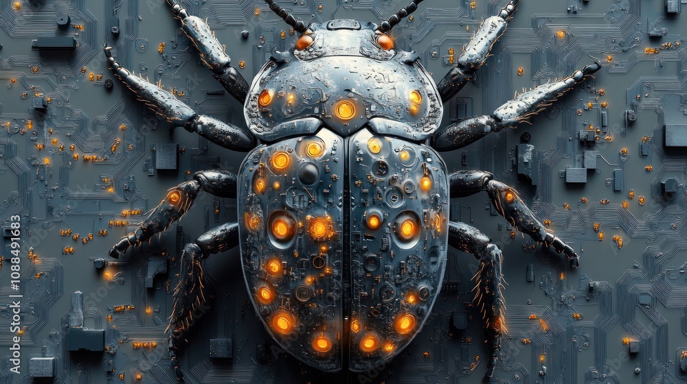 Poster cyber bug - a metallic insect on a circuit board