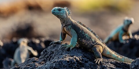 Obraz premium Marine iguanas and lava lizards are perched on black lava stones, showcasing their unique characteristics as they bask in the sunlight, embodying the natural beauty of their marine habitat.