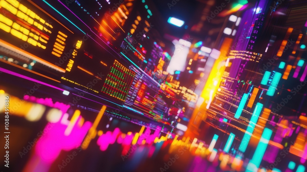 Poster abstract technology background with colorful light trails representing data flow and digital connect