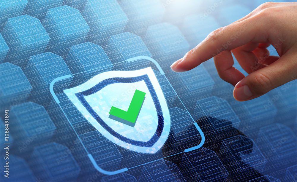 Aufkleber Data protection and information security system. Encryption storage technology. Hand touching shield and checkmark icon on binary file icons.
