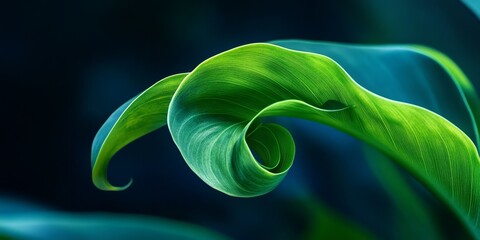 Vibrant green leaf of monstera plant, featuring a young monstera leaf in the process of unfurling and rolling open, showcasing the beauty of growth and the emergence of new leaves.