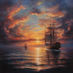 Obraz premium Sonnenuntergang und Frachtschiff auf See