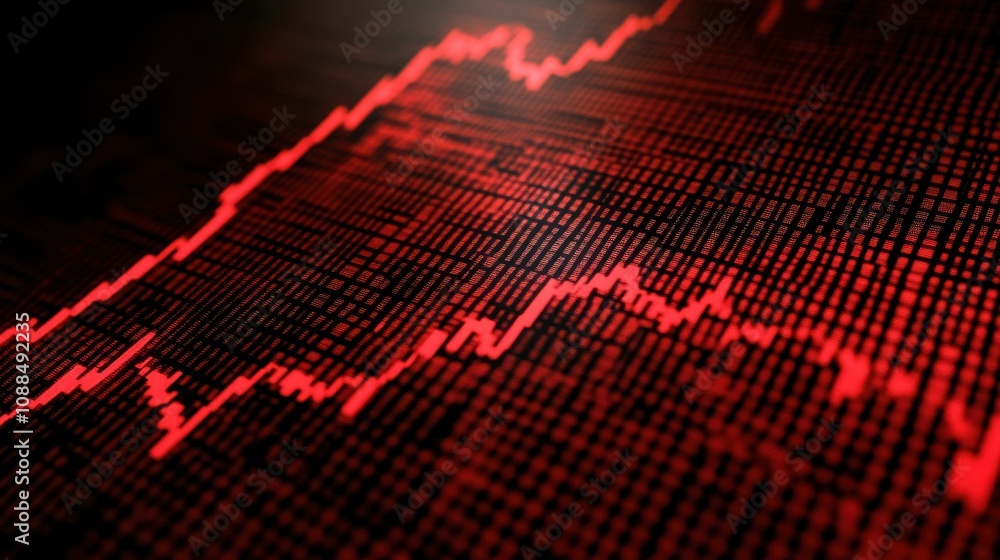 Poster abstract visualization of financial data with dynamic red graph lines depicting market trends and mo