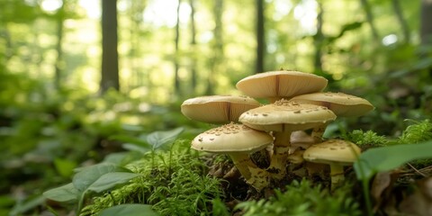 Mushrooms flourish in the forest beneath the trees, creating a natural habitat. These mushrooms in the forest add beauty and diversity to the woodland environment, showcasing nature s wonders.