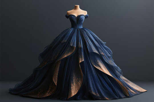 Blue and gold ball gown with a long train on display at a fashion show runway.