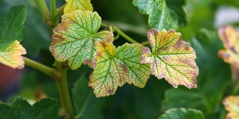Marginal leaf necrosis observed on a currant shrub in a summer garden, showcasing the effects of environmental conditions on the health of the currant plant in a vibrant garden setting.