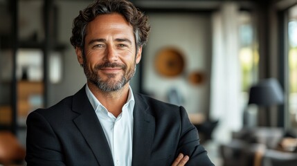 Fototapeta premium Portrait of a confident businessman in a black suit, smiling against a white background.