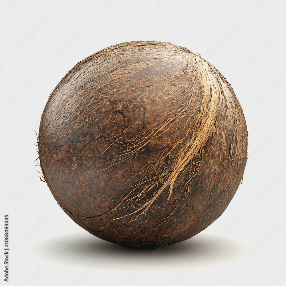 Aufkleber realistic coconut sphere with textured brown shell and visible fibrous roots on simple background fo