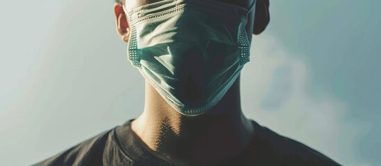 close up face of man wearing medical mask protection virus or air pollution dust particle health care safety self half shot