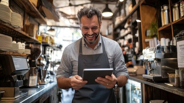 Coffee shop, happy man on tablet for online menu, checking stock and inventory for orders. Restaurant, cafeteria, and small business owner on digital tech for social media, networking, and website