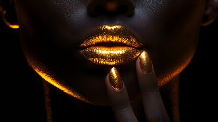 Detailed close-up of a black woman, full figure with golden lips, plump cheeks, finger to lips, dark background, soft glow around face, high detail