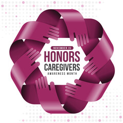 November is honors caregivers awareness month - Text in circle frame with plum caregivers hand ribbons cross around on dot texture background vector design