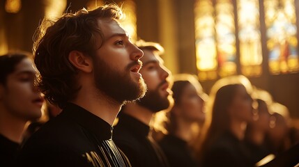Close-up of choir members singing with heartfelt expressions, the majestic stained glass windows of the cathedral in the background, sunlight streaming through,