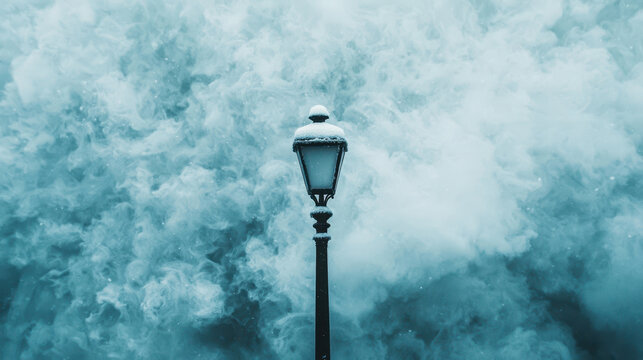 winter storm wind wild. frosty lamp post surrounded by swirling snow and winter storm no body
