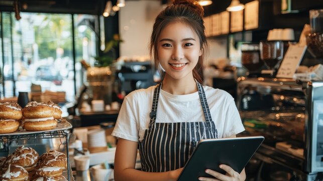 Startup successful small business owner SME beauty girl stands with tablet smartphone in coffee shop restaurant. Portrait of Asian tan woman barista cafe owner