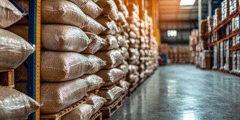 Sacks of product stock are neatly stacked in the warehouse, ready for delivery. The product stock is organized and prepared for efficient dispatch from the storage area.