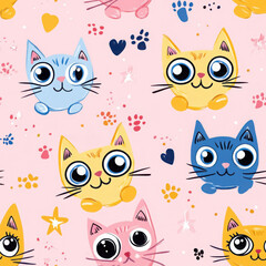 Cute kittens with big eyes, paw prints, and hearts on a pastel pink background, creating a seamless and cheerful pattern