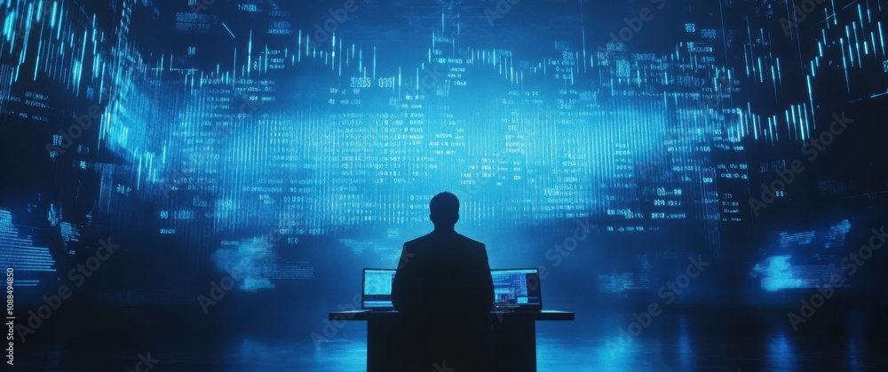 Poster business professional analyzing data visualizations with advanced technology in a futuristic workspa