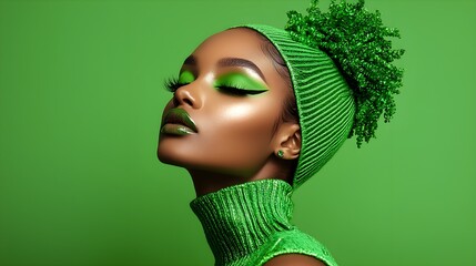 Elegant Black woman with full figure, dressed in green with nature-inspired makeup, green background creating harmony