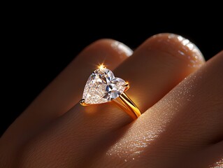 Elegant pear-shaped diamond engagement ring on an African American hand, close-up with natural sunlight, warm tones highlighting beauty