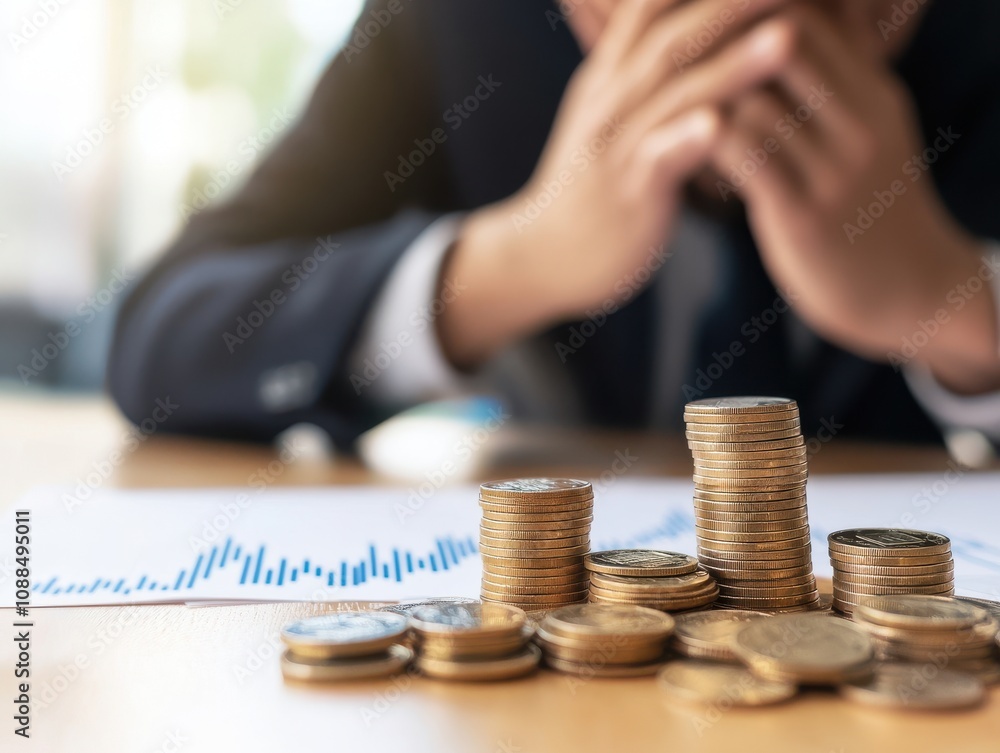 Poster businessman analyzing financial data with stacks of coins and graphs, reflecting concerns over inves