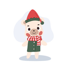Adorable cartoon bear dressed in a cozy Christmas themed winter outfit