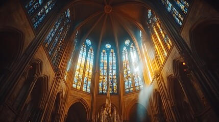 Obraz premium Elevated perspective of a choir singing inside a colossal cathedral, the sound reverberating off the towering stone arches, sunlight piercing through vibrant stained glass,