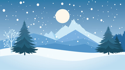 Fototapeta premium Snowy Mountain Landscape with Pine Trees Forest in Snow Winter Season and Full Moon in Night Sky