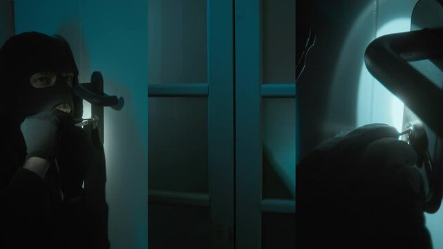 Split screen of Caucasian male thief in balaclava picking lock while trying to enter apartment at night, shadow with crowbar behind glass doors