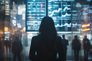 Businesswoman Analyzing Stock Market Trends in Financial District with Digital Screens Displaying Data and Graphs in Evening Cityscape