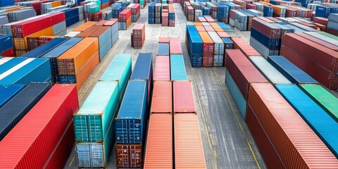 Fototapeta premium Shipping containers at a port showcase the logistics of freight loading and unloading. This international shipping industry relies on container transport for efficient import and export services.