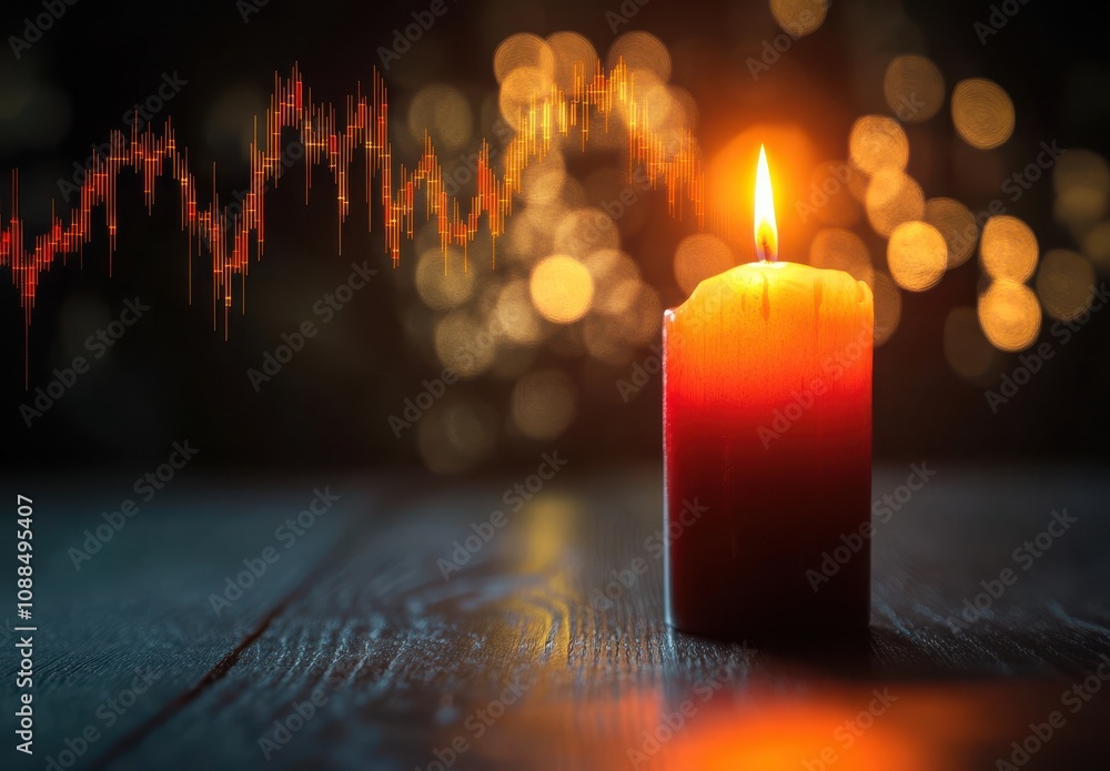 Aufkleber candlelight on a wooden table with abstract financial chart overlay creating a unique blend of calmn