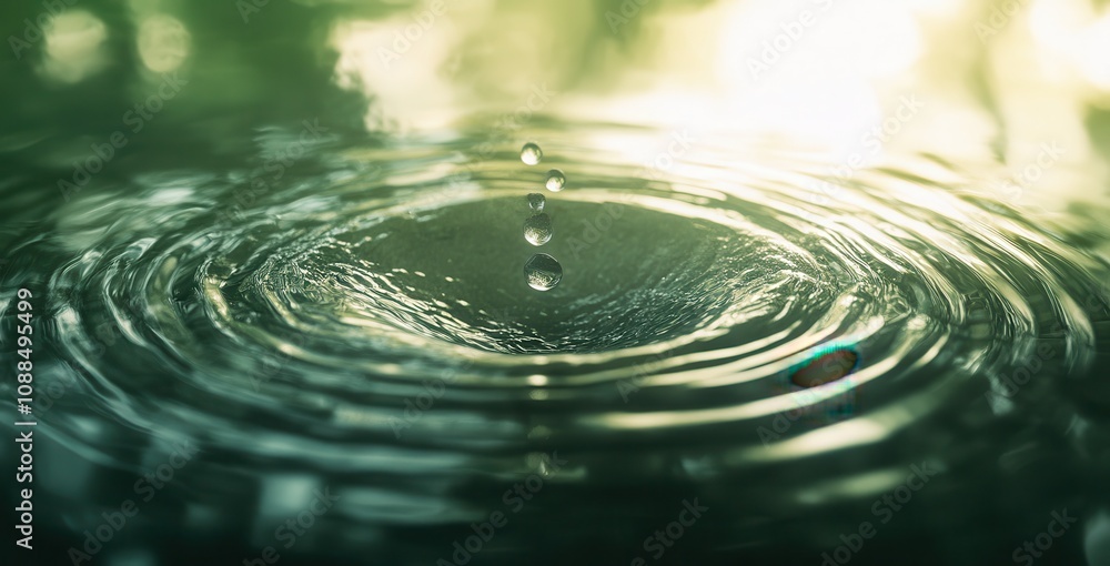 Poster captivating close-up of water droplets creating ripples in a tranquil natural setting with soft ligh
