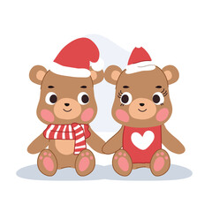 festive cartoon bear couple in Christmas outfit sitting together in winter