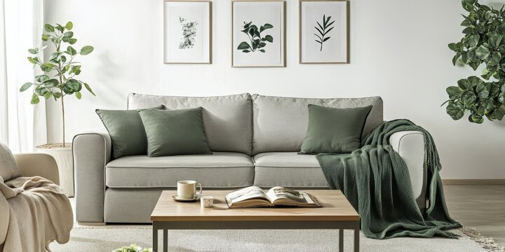 Image of a grey sofa adorned with a green cushion and blanket, situated in a white living room featuring simple posters, fresh plants, an armchair, and a wooden coffee table with an open book and tea - Powered by Adobe