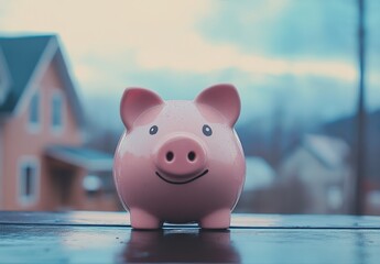 Charming Pink Piggy Bank on a Wooden Table with a Scenic Background, Ideal for Concepts of Savings, Finance, Economics, and Budgeting in a Modern Setting