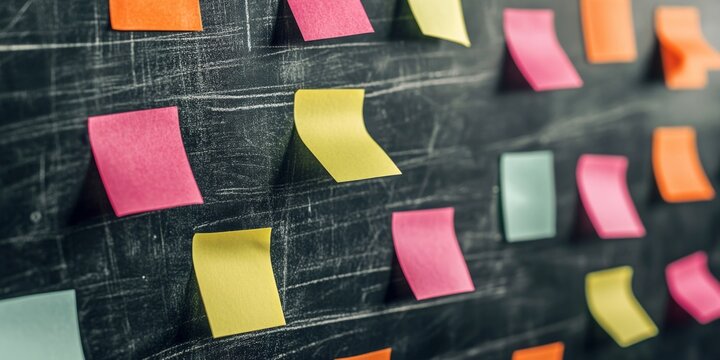 Sticky mind map notes featuring questions displayed on a blackboard, showcasing the art of organizing thoughts through the use of sticky mind map notes for clarity and creativity.