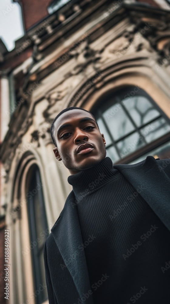 Aufkleber a man in a black sweater stands in front of a building