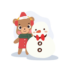 cute bear cartoon with snowman in winter, adorable winter characters and snow scene