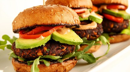 A plate of gourmet veggie burgers with house-made black bean patties, avocado slices, roasted red peppers