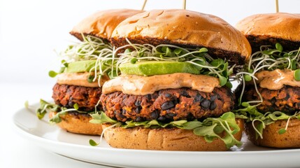 A plate of gourmet veggie burgers with house-made black bean patties, avocado slices, sprouts
