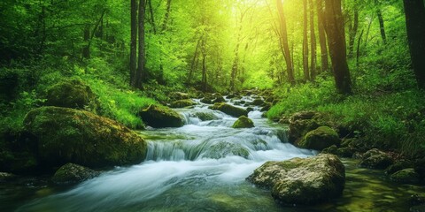 Obraz premium Rushing stream water flows serenely through a lush forest, showcasing the beauty of clear stream water surrounded by vibrant greenery and natural tranquility. Embrace the essence of clear stream