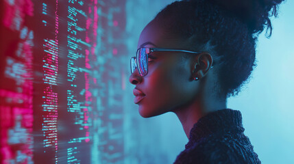 AI cybersecurity threat illustration concept, black african female IT specialist analysing code...