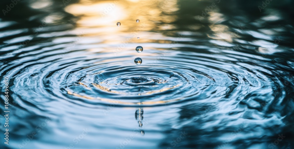 Poster close-up of water droplets falling into calm pool creating ripples and reflections during golden hou