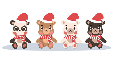 four cute bears sitting together in a christmas-themed